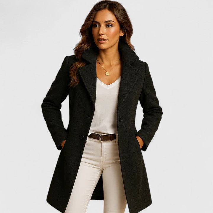 Women's Elegant Long Button-Front Notch-Lapel Coat - Black