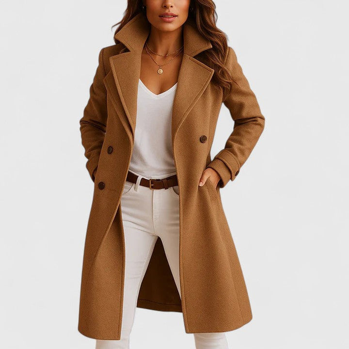 Women's Elegant Long Button-Front Notch-Lapel Coat - Camel
