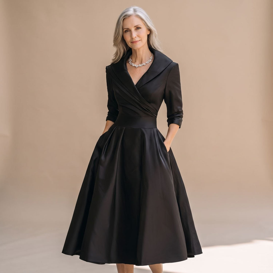 Women's Elegant Long Sleeve Wrap Midi A-Line Dress - Black