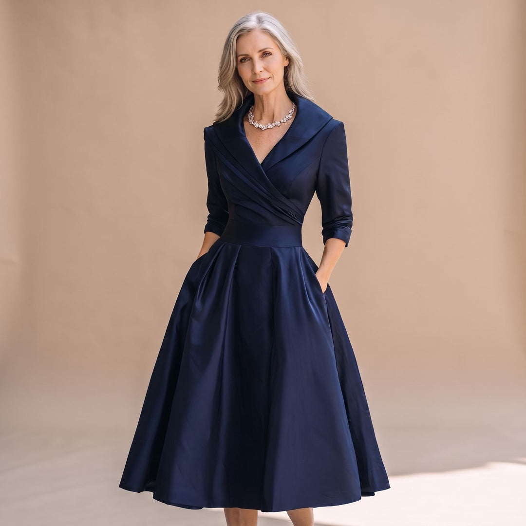 Women's Elegant Long Sleeve Wrap Midi A-Line Dress - Navy Blue