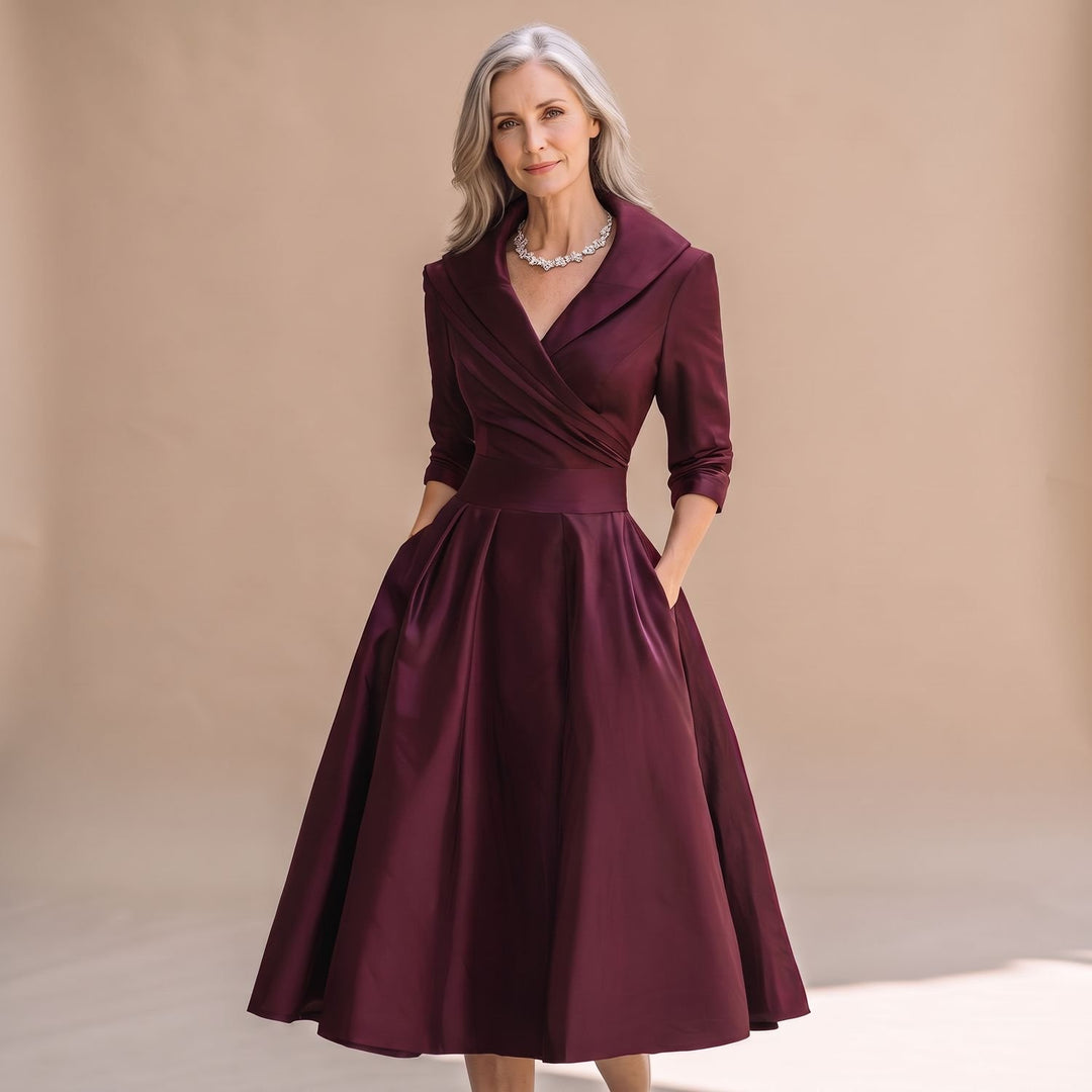 Women's Elegant Long Sleeve Wrap Midi A-Line Dress - Burgundy