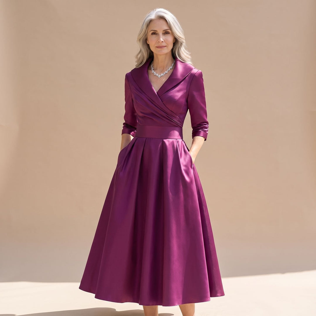 Women's Elegant Long Sleeve Wrap Midi A-Line Dress - Purple