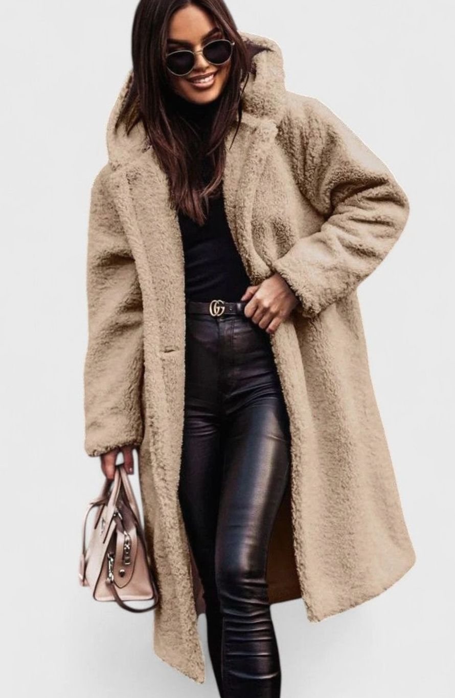 Women's Elegant Oversized Teddy Faux Fur Long Winter Coat - Beige