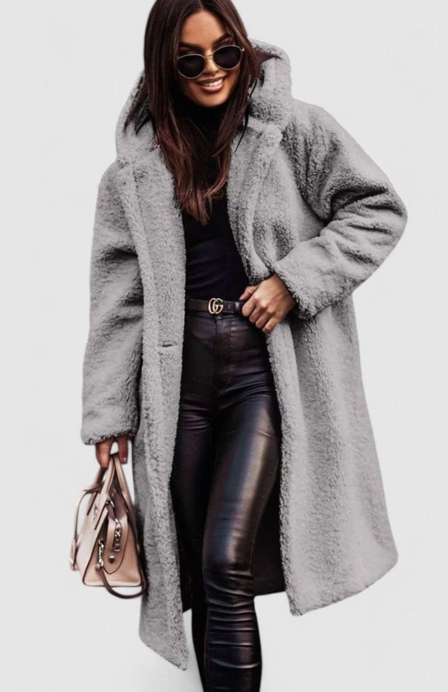 Women's Elegant Oversized Teddy Faux Fur Long Winter Coat - Gray