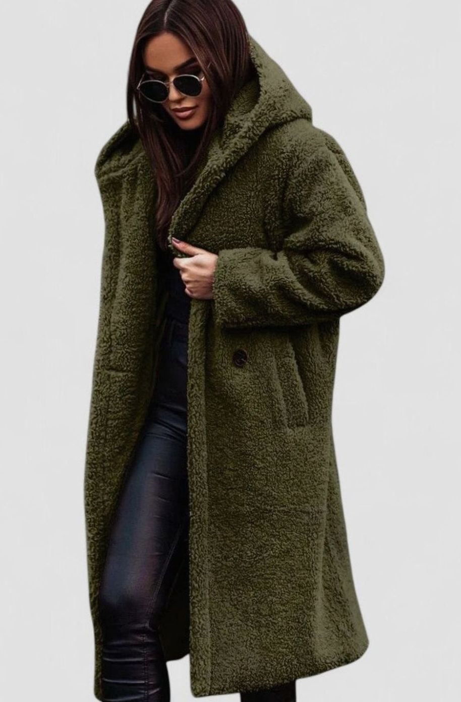Women's Elegant Oversized Teddy Faux Fur Long Winter Coat - Green