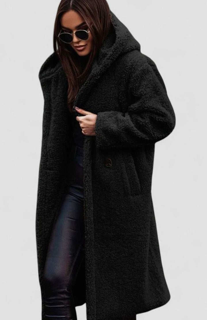Women's Elegant Oversized Teddy Faux Fur Long Winter Coat - Black