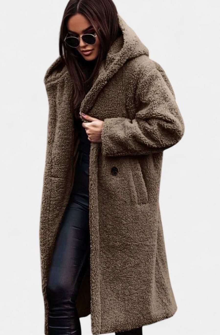 Women's Elegant Oversized Teddy Faux Fur Long Winter Coat - Khaki
