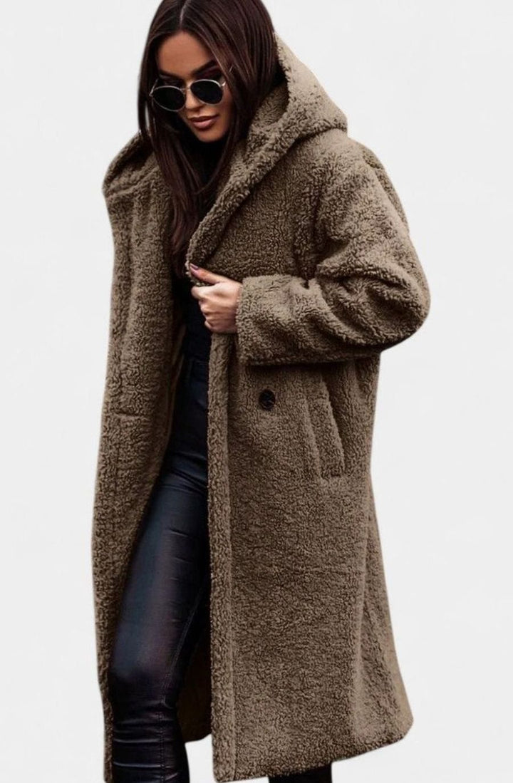 Women's Elegant Oversized Teddy Faux Fur Long Winter Coat - Khaki