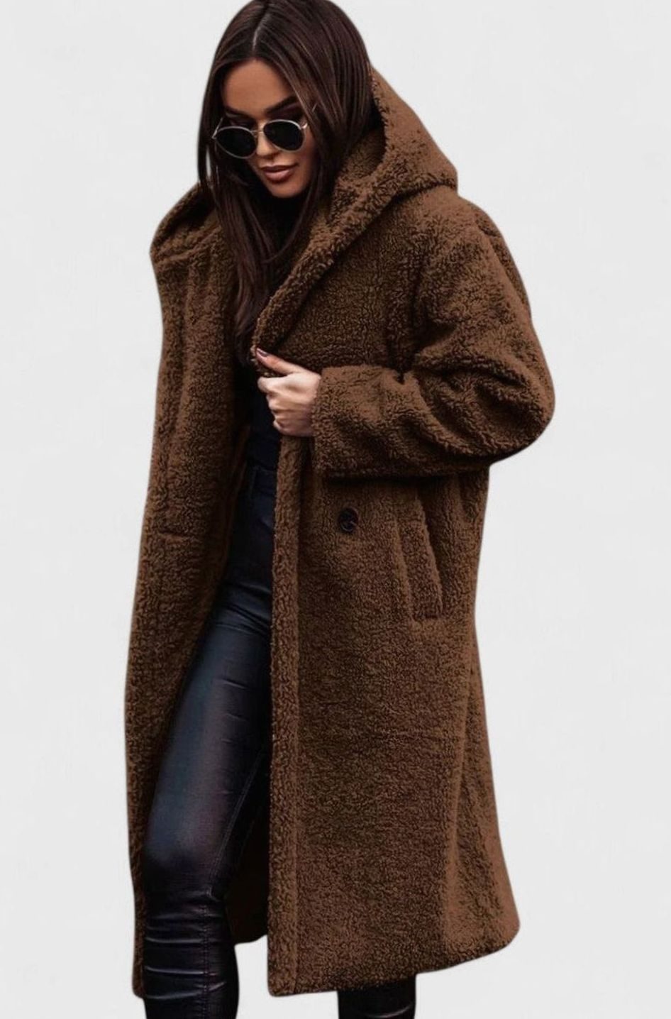 Women's Elegant Oversized Teddy Faux Fur Long Winter Coat - Brown