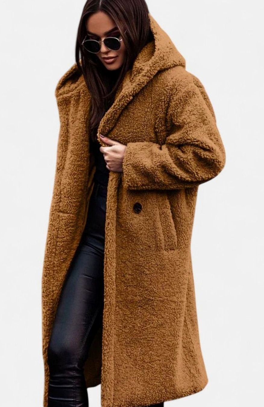 Women's Elegant Oversized Teddy Faux Fur Long Winter Coat - Light Brown