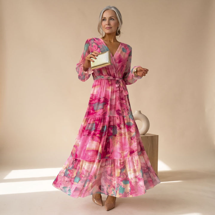 Women's Elegant Pink Formal Maxi Dress V-Neck Tiered Wrap Gown
