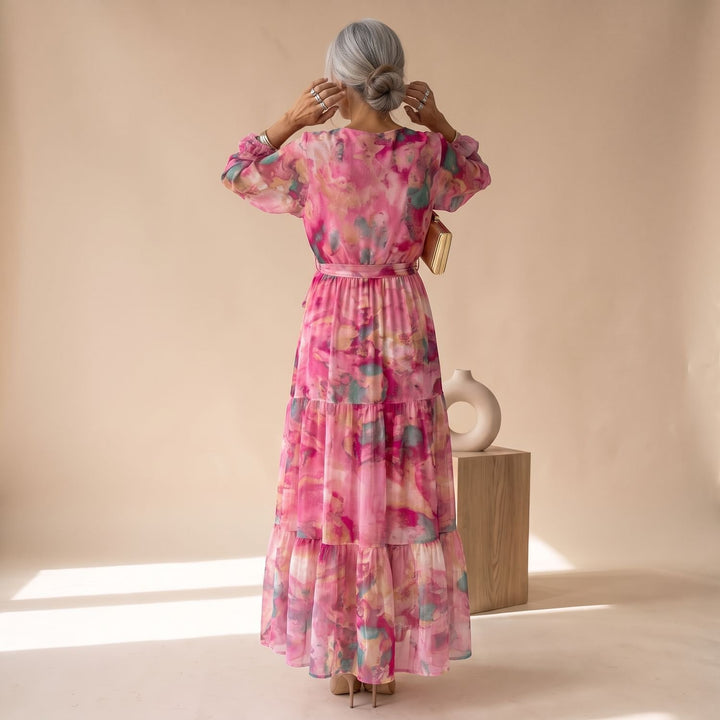 Women's Elegant Pink Formal Maxi Dress V-Neck Tiered Wrap Gown