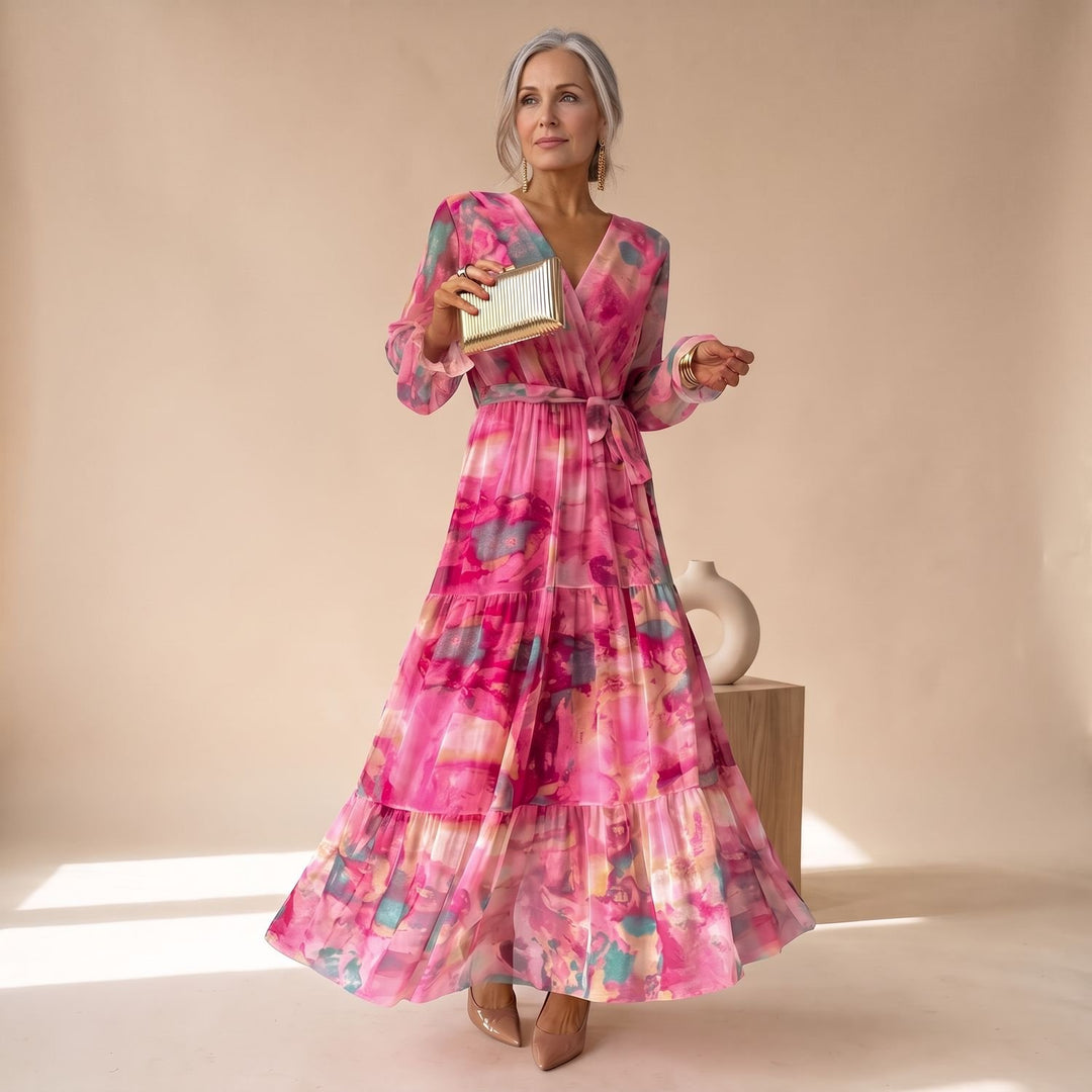 Women's Elegant Pink Formal Maxi Dress V-Neck Tiered Wrap Gown