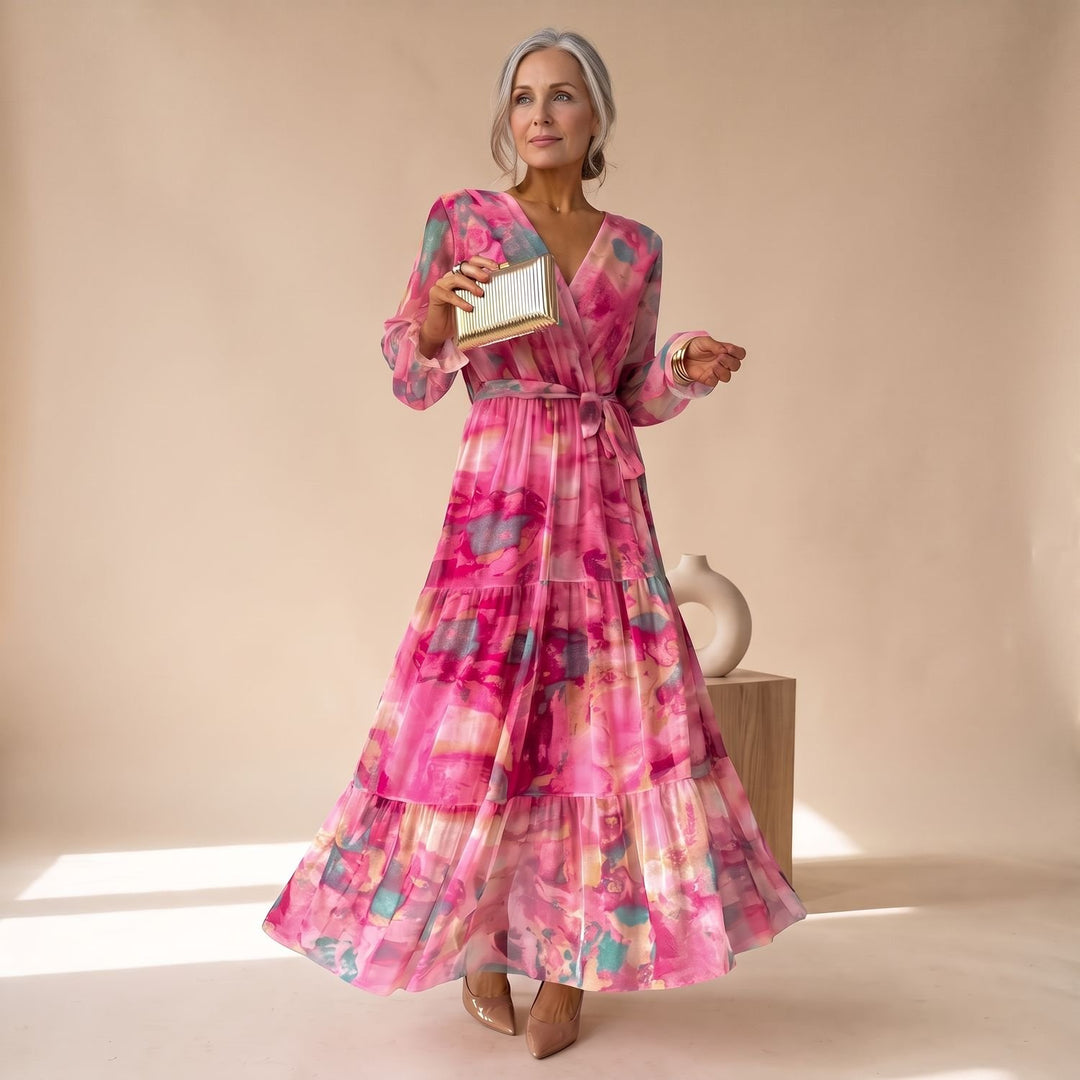 Women's Elegant Pink Formal Maxi Dress V-Neck Tiered Wrap Gown