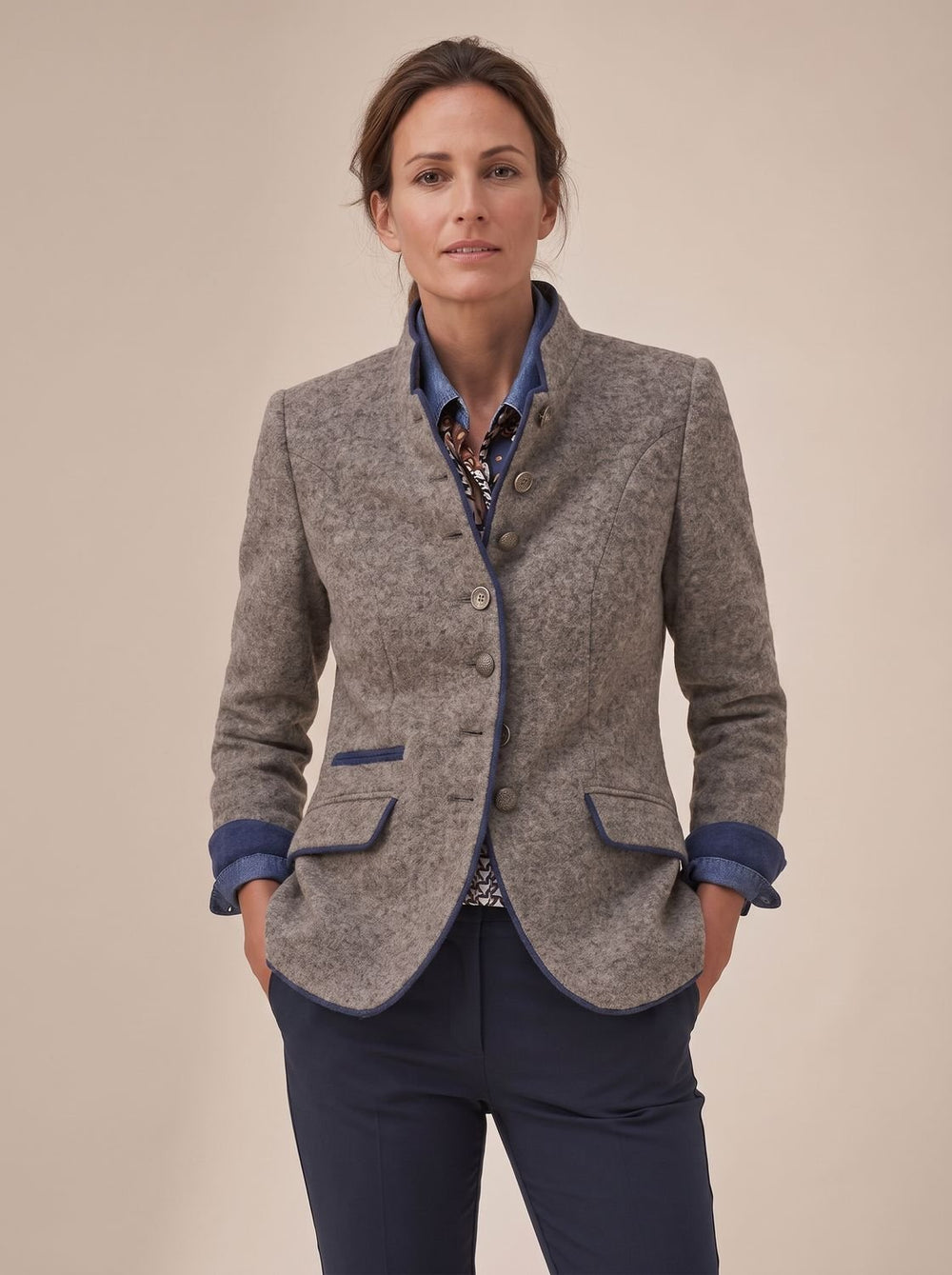 Women's Elegant Stand-Collar Button-Front Blazer Cardigan - Caramel