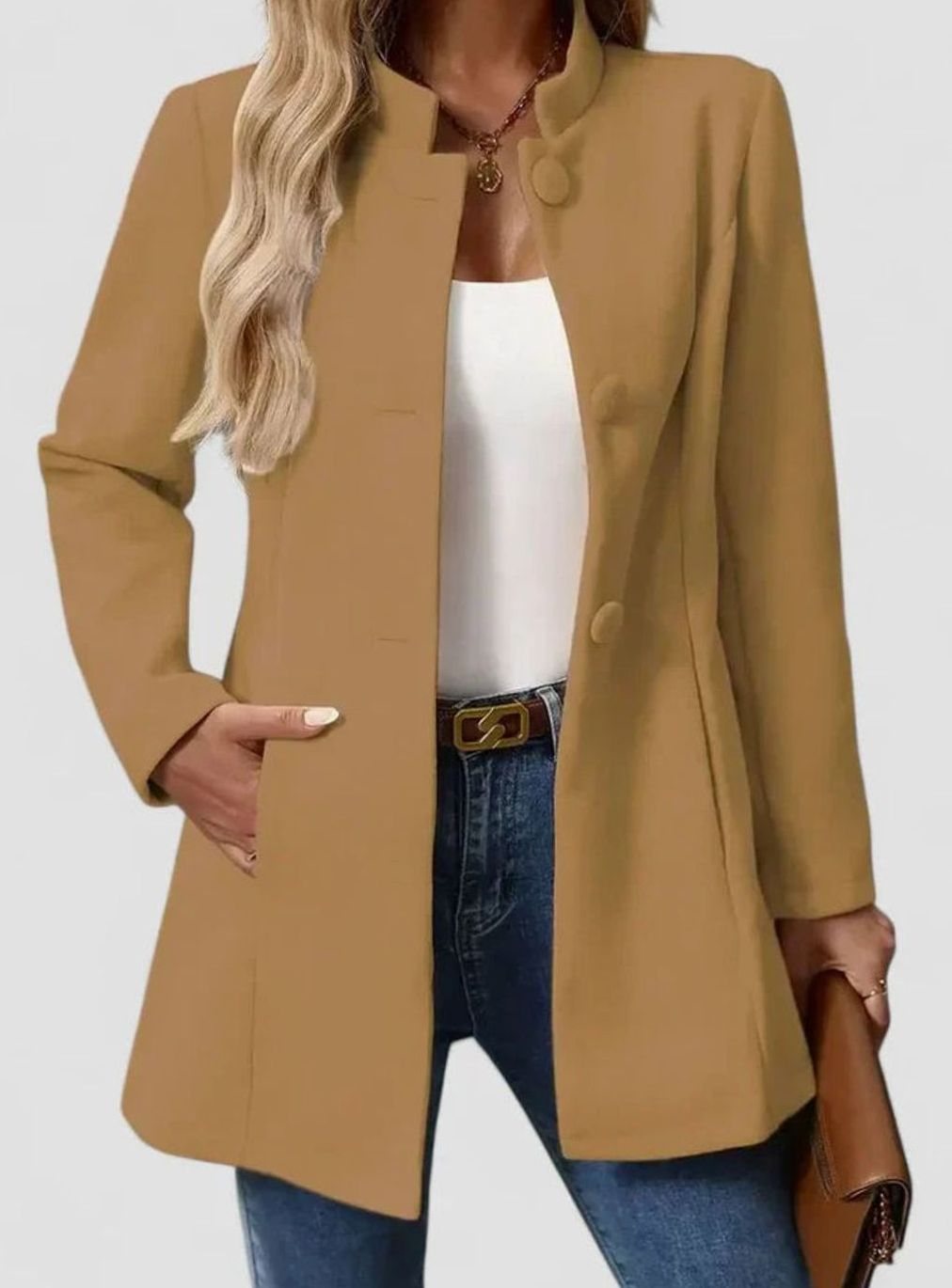 Women's Elegant Stand-Collar Button-Front Formal Jacket - Camel