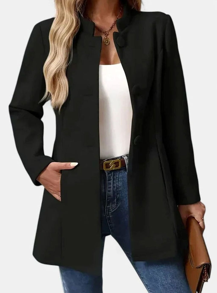 Women's Elegant Stand-Collar Button-Front Formal Jacket - Black