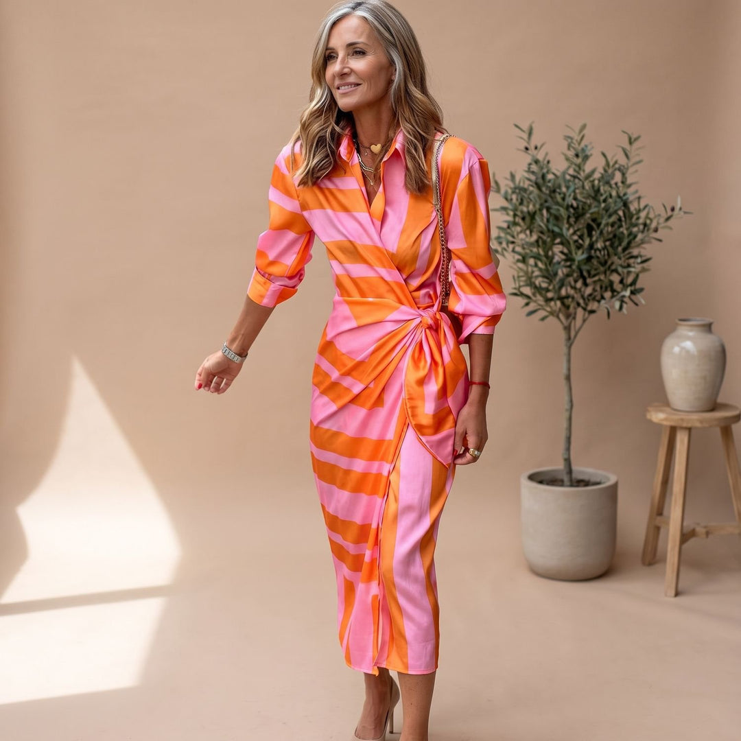 Women's Elegant Striped Long Sleeve Wrap Midi Dress - Orange & Pink