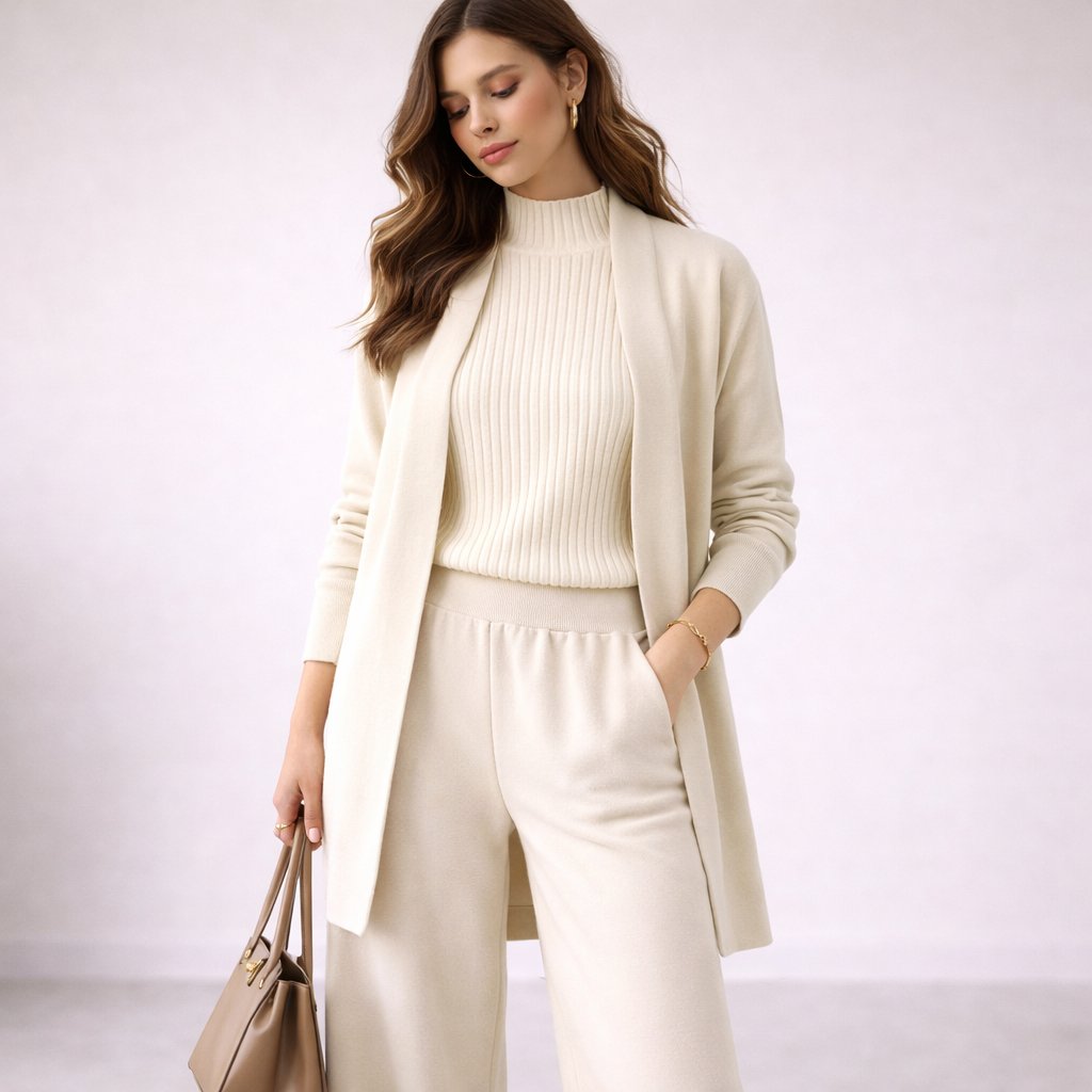 Women's Elegant Three-Piece Knit Lounge Set Evening Gown Cardigan - White