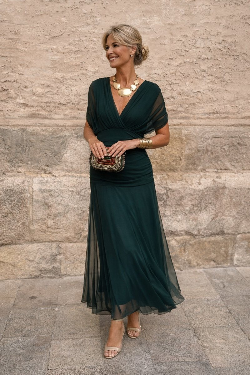 Women's Elegant V-Neck Chiffon Cocktail Party Dress Maxi Length - Bottle Green