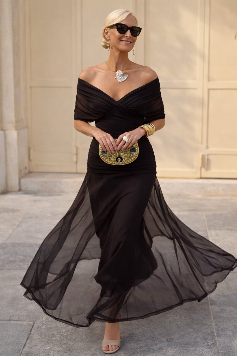 Women's Elegant V-Neck Chiffon Cocktail Party Dress Maxi Length - Night Brown