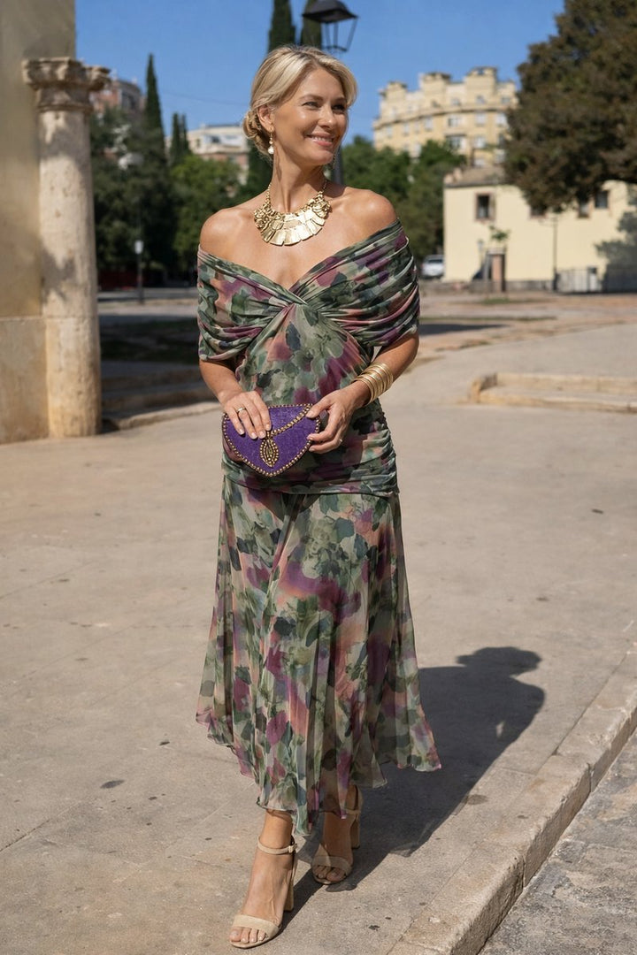 Women's Elegant V-Neck Chiffon Cocktail Party Dress Maxi Length - Bouquet
