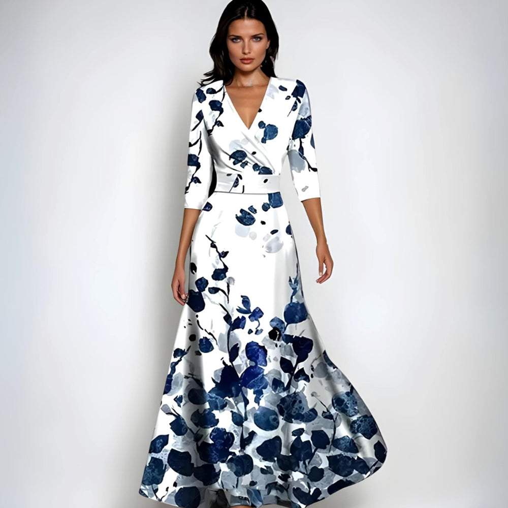 Women's Elegant V-Neck Wrap Floral Dress Maxi Length