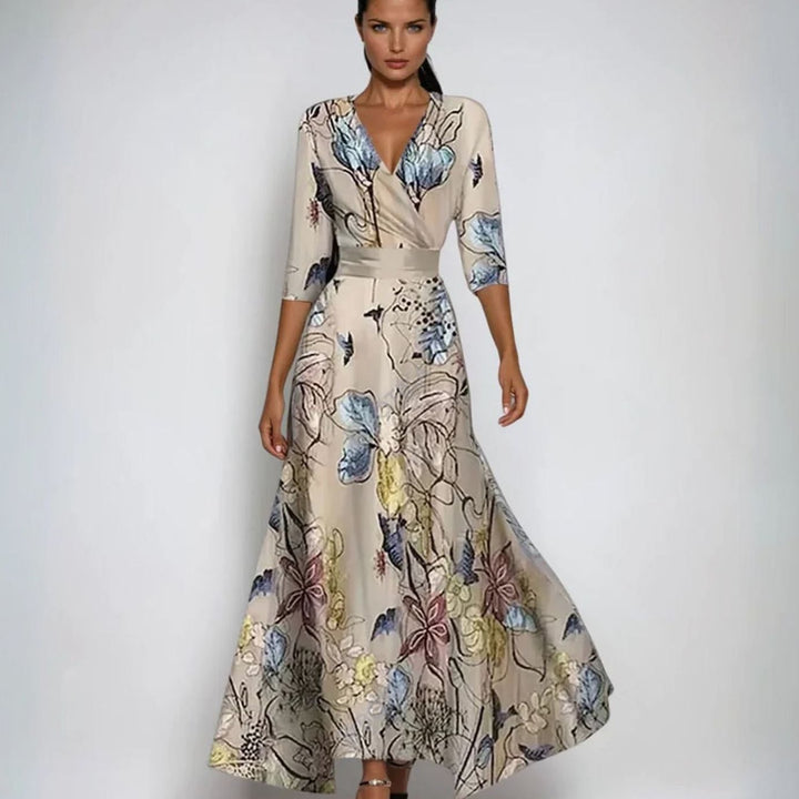 Women's Elegant V-Neck Wrap Floral Dress Maxi Length
