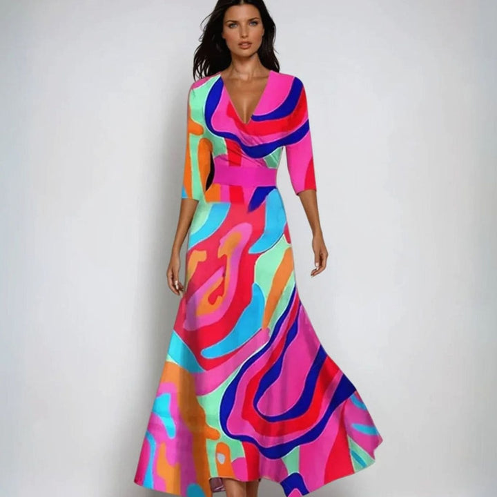 Women's Elegant V-Neck Wrap Floral Dress Maxi Length