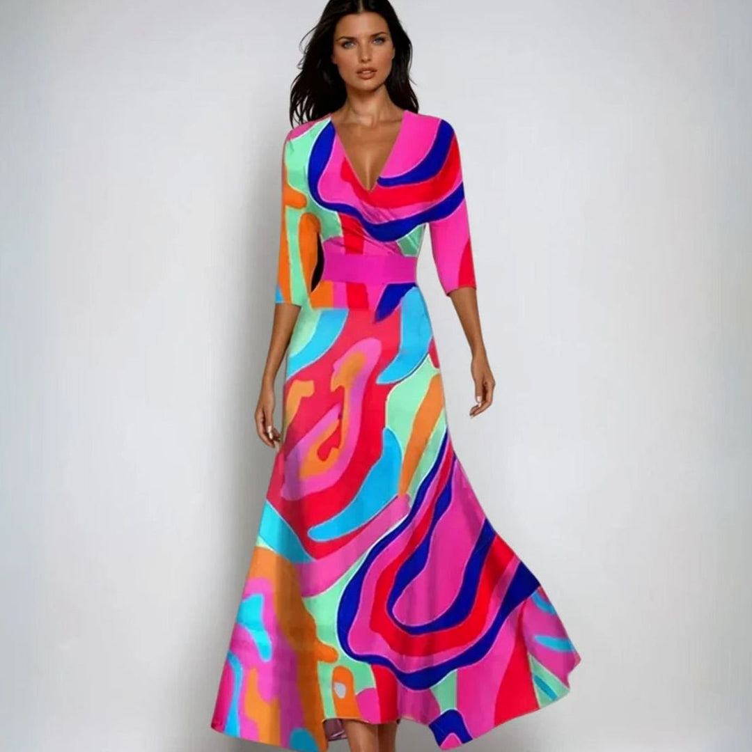 Women's Elegant V-Neck Wrap Floral Dress Maxi Length - Multicolor