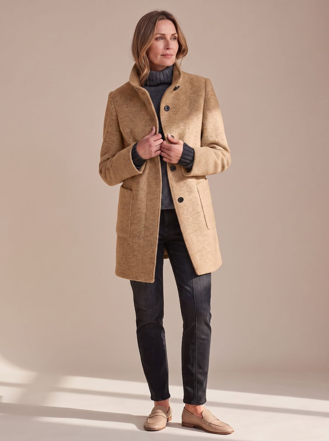 Women's Elegant Winter Coat Stand-Collar Button-Front - Camel