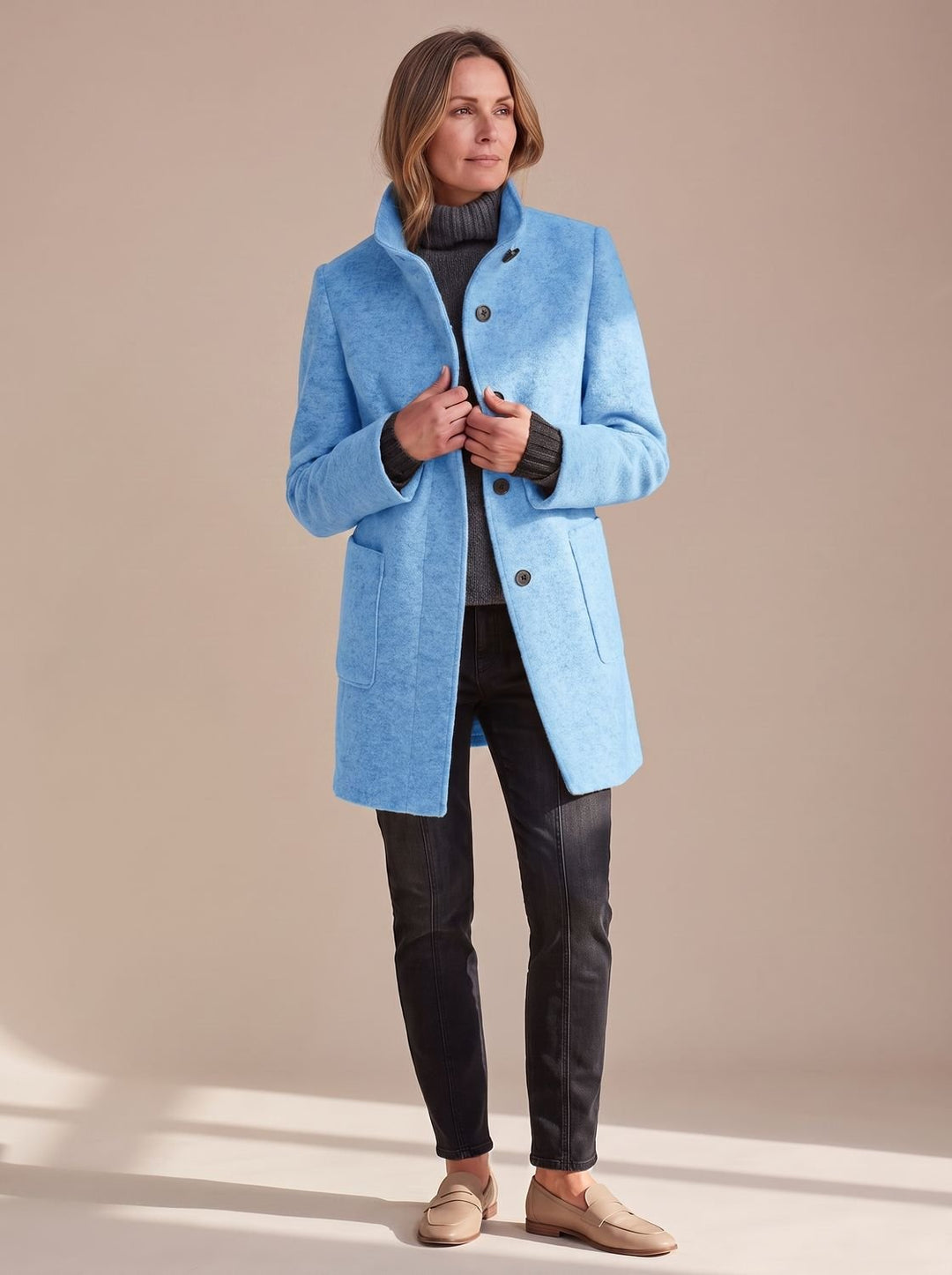 Women's Elegant Winter Coat Stand-Collar Button-Front - Light Blue