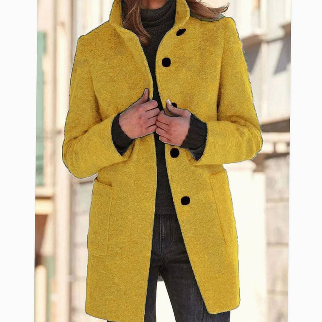 Women's Elegant Winter Coat Stand-Collar Button-Front - Yellow