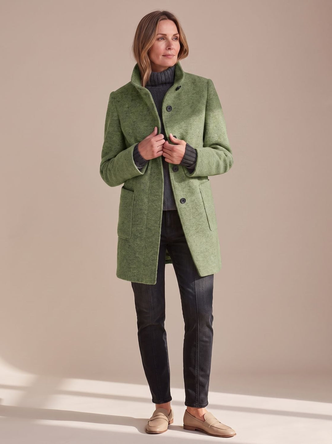 Women's Elegant Winter Coat Stand-Collar Button-Front - Light Green