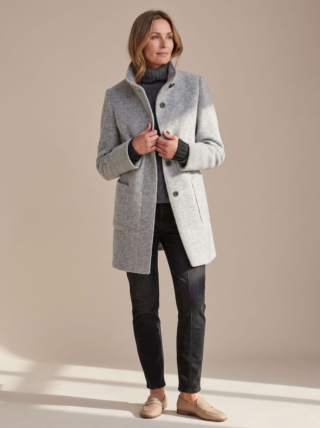 Women's Elegant Winter Coat Stand-Collar Button-Front - Gray