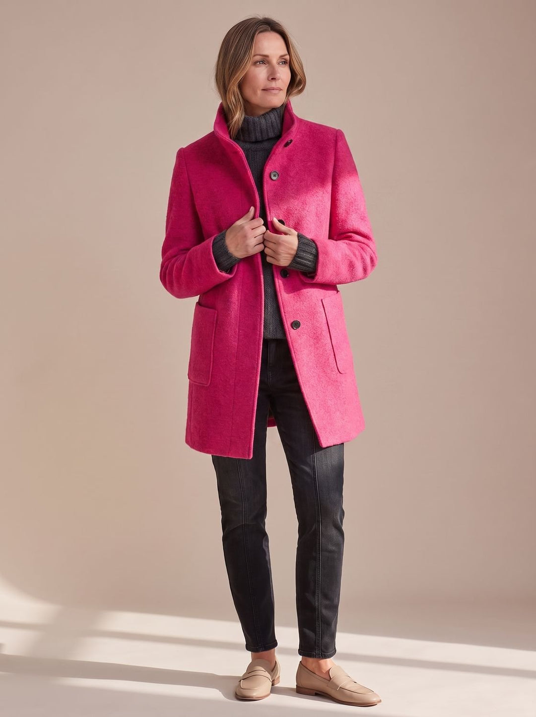 Women's Elegant Winter Coat Stand-Collar Button-Front - Red
