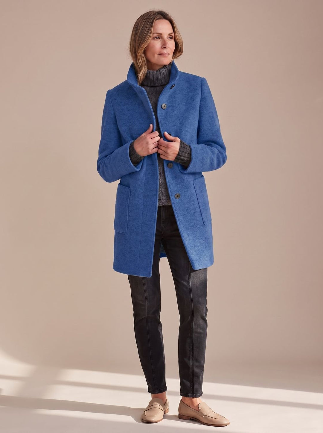 Women's Elegant Winter Coat Stand-Collar Button-Front - Blue