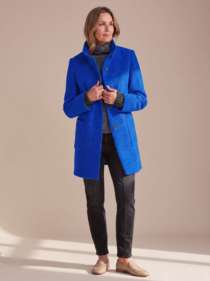 Women's Elegant Winter Coat Stand-Collar Button-Front - Dark Blue