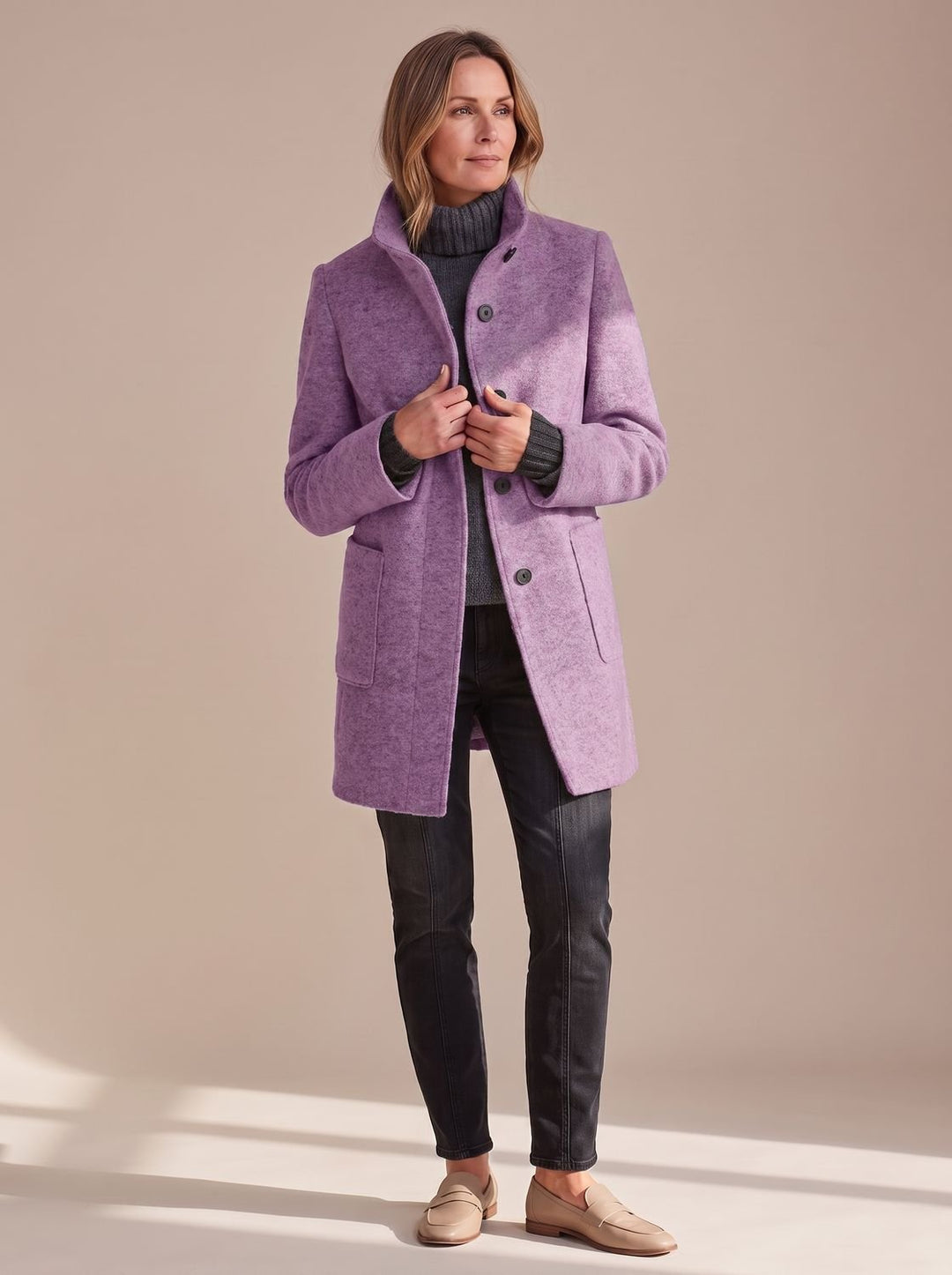 Women's Elegant Winter Coat Stand-Collar Button-Front - Purple