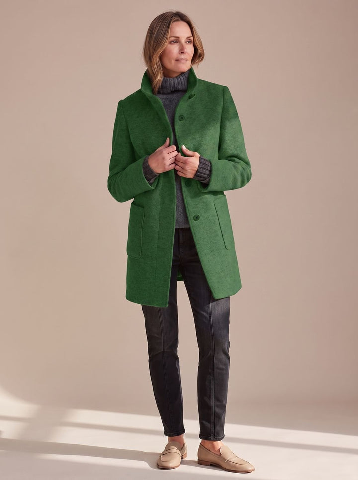Women's Elegant Winter Coat Stand-Collar Button-Front - Green