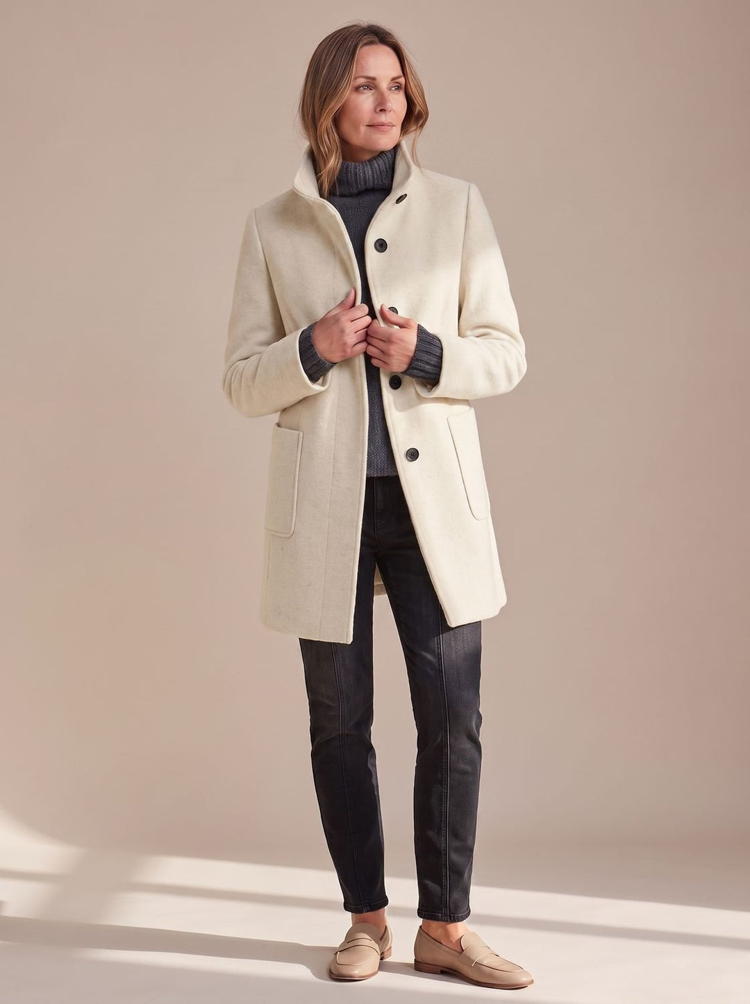 Women's Elegant Winter Coat Stand-Collar Button-Front - Apricot