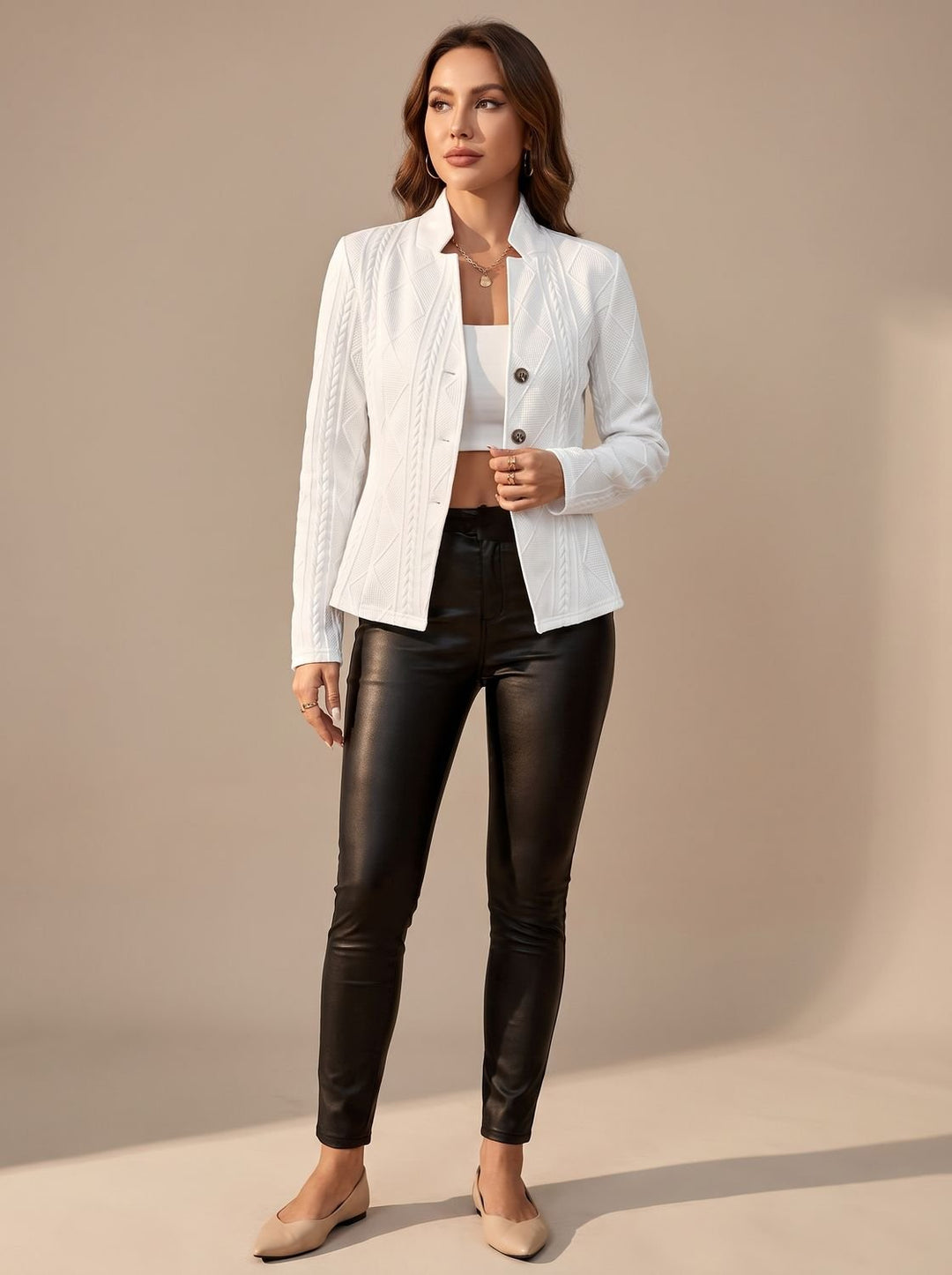 Women's Elegant Winter Coat Textured Button-Front Structured Jacket - White