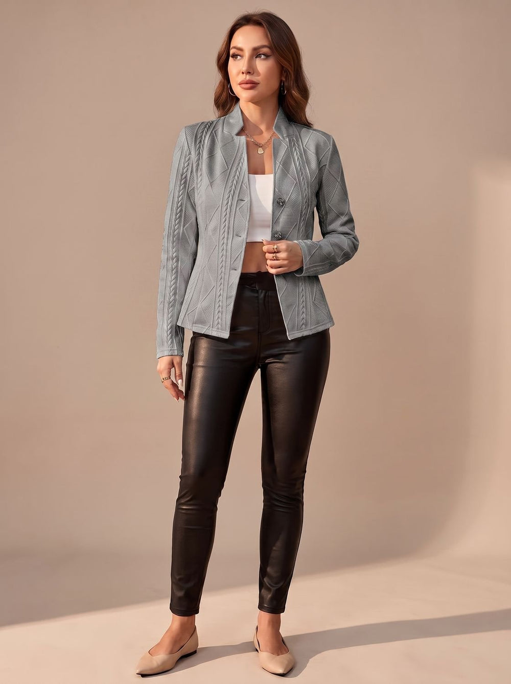 Women's Elegant Winter Coat Textured Button-Front Structured Jacket - Gray