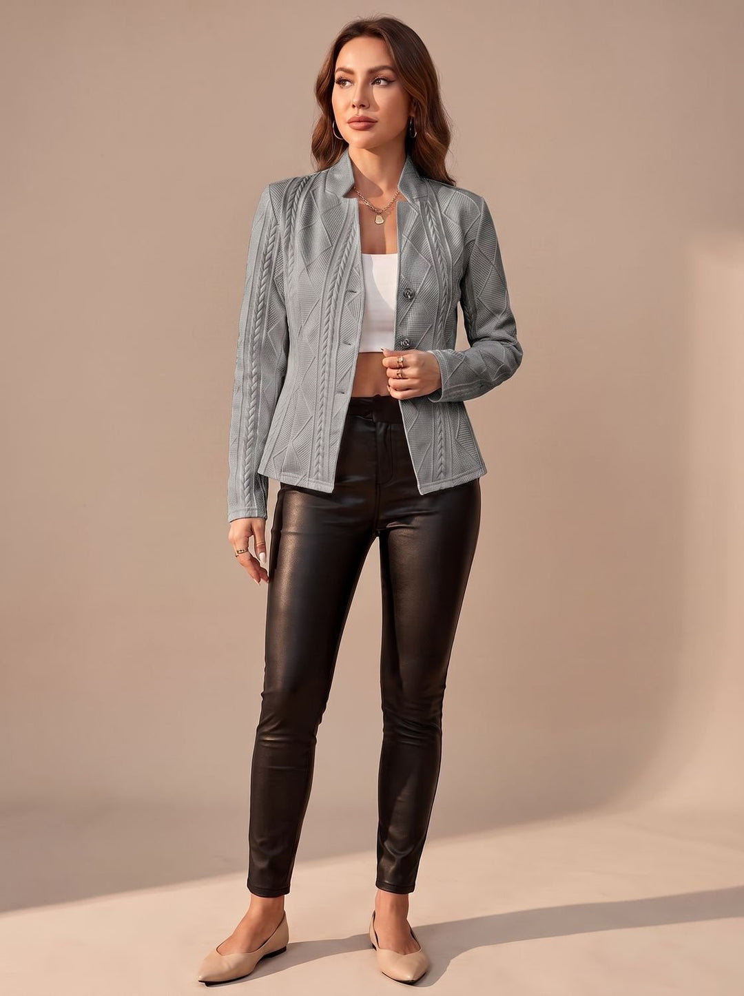 Women's Elegant Winter Coat Textured Button-Front Structured Jacket - Gray