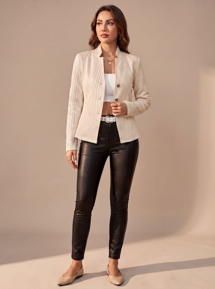 Women's Elegant Winter Coat Textured Button-Front Structured Jacket - Khaki