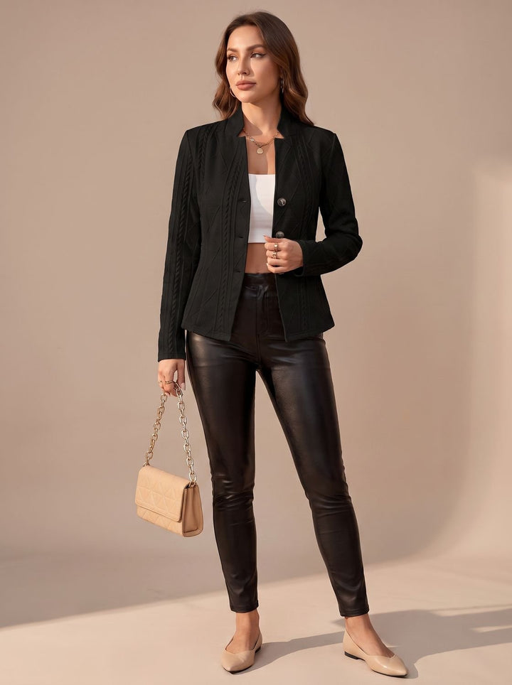 Women's Elegant Winter Coat Textured Button-Front Structured Jacket - Black
