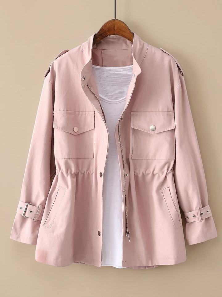 Women's Elegant Zip-Up Utility Jacket Drawstring Waist