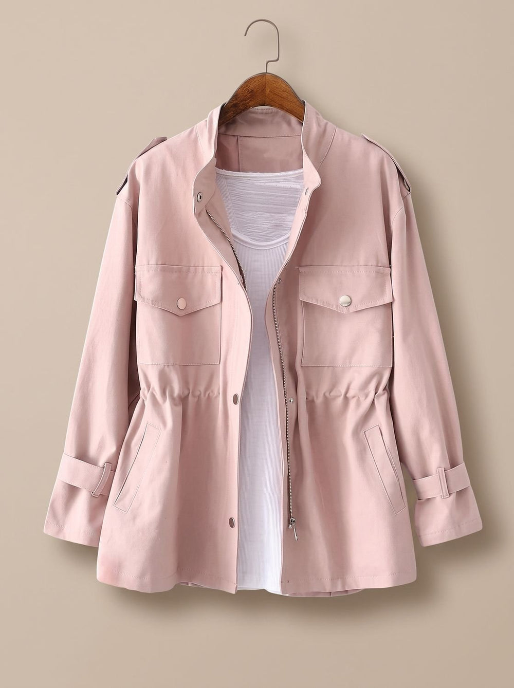 Women's Elegant Zip-Up Utility Jacket Drawstring Waist - Pink