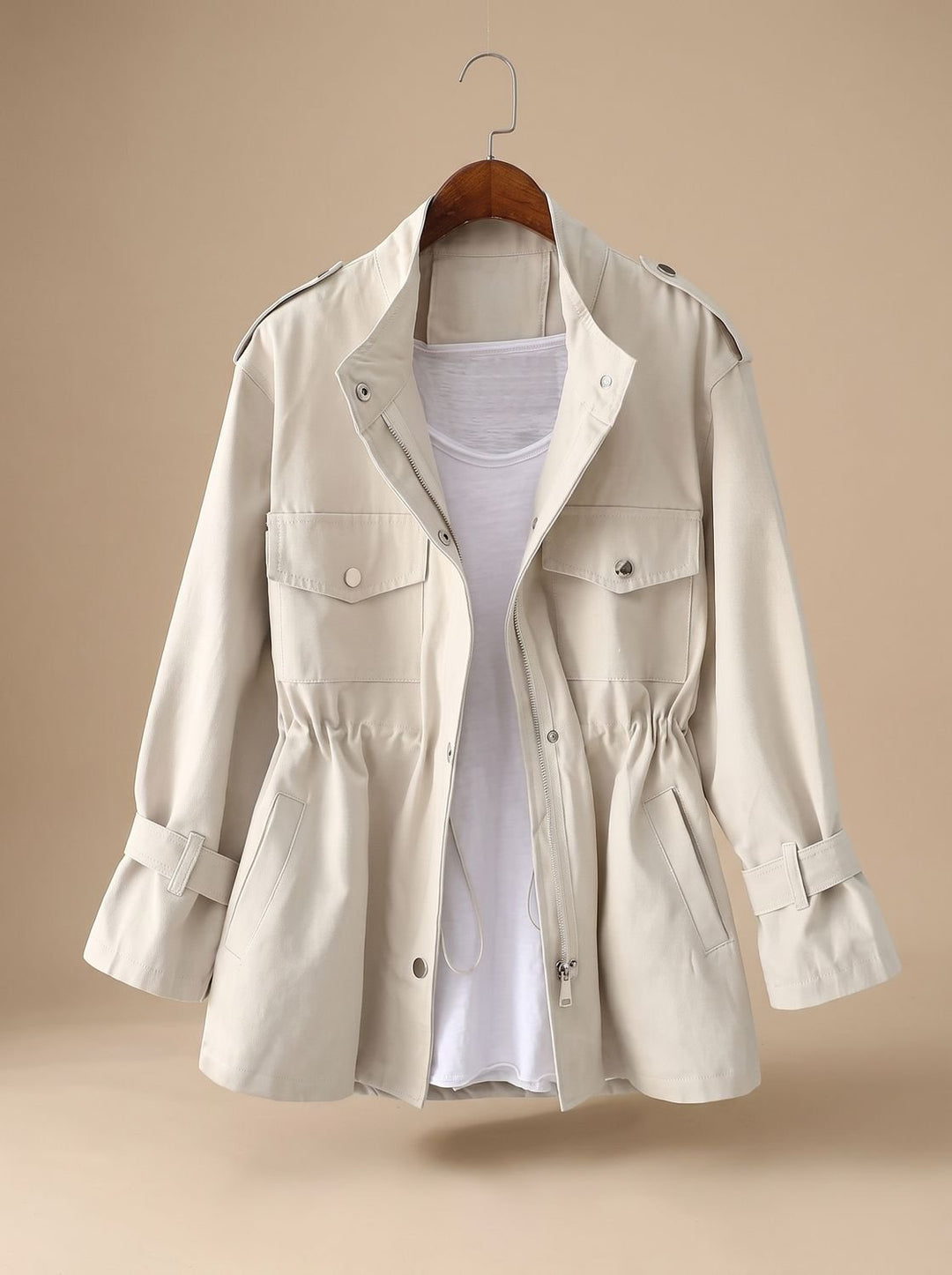 Women's Elegant Zip-Up Utility Jacket Drawstring Waist - Cream