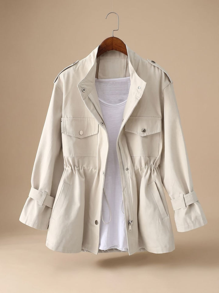 Women's Elegant Zip-Up Utility Jacket Drawstring Waist - Cream